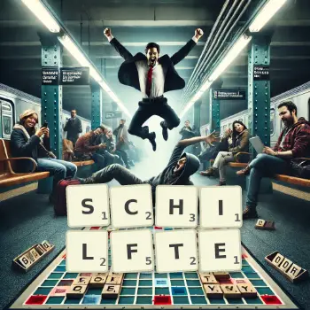 Kreative Illustration für ein Scrabble-Spiel, bei dem das Wort SCHILFTE mit Steinen auf dem Brett gelegt wurde.