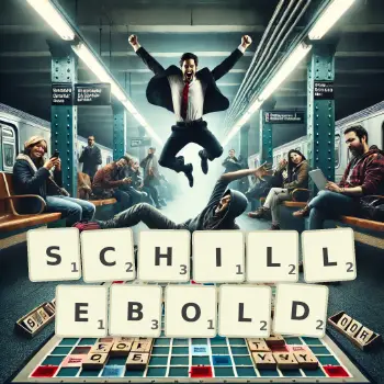 Kreative Illustration für ein Scrabble-Spiel, bei dem das Wort SCHILLEBOLD mit Steinen auf dem Brett gelegt wurde.