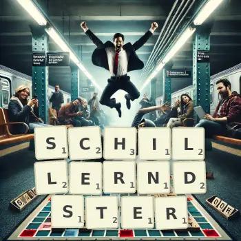 Kreative Illustration für ein Scrabble-Spiel, bei dem das Wort SCHILLERNDSTER mit Steinen auf dem Brett gelegt wurde.