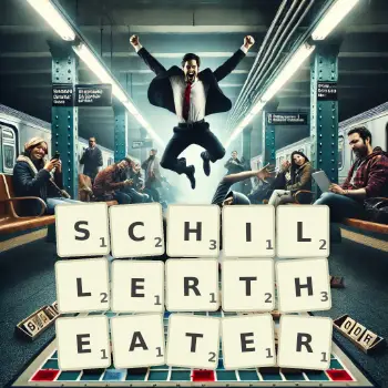 Kreative Illustration für ein Scrabble-Spiel, bei dem das Wort SCHILLERTHEATER mit Steinen auf dem Brett gelegt wurde.