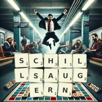 Kreative Illustration für ein Scrabble-Spiel, bei dem das Wort SCHILLSAUGERN mit Steinen auf dem Brett gelegt wurde.