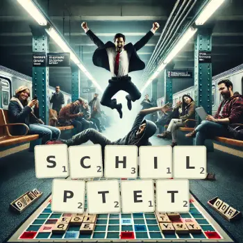 Kreative Illustration für ein Scrabble-Spiel, bei dem das Wort SCHILPTET mit Steinen auf dem Brett gelegt wurde.