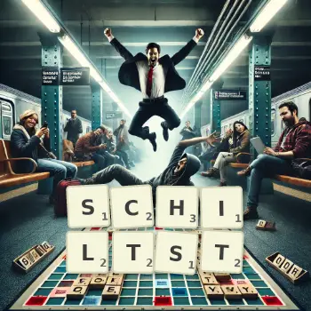Kreative Illustration für ein Scrabble-Spiel, bei dem das Wort SCHILTST mit Steinen auf dem Brett gelegt wurde.