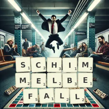 Kreative Illustration für ein Scrabble-Spiel, bei dem das Wort SCHIMMELBEFALL mit Steinen auf dem Brett gelegt wurde.