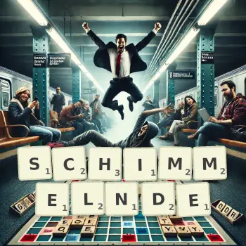 Kreative Illustration für ein Scrabble-Spiel, bei dem das Wort SCHIMMELNDE mit Steinen auf dem Brett gelegt wurde.