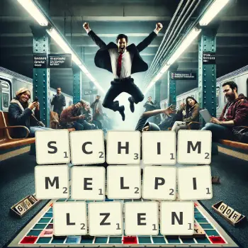 Kreative Illustration für ein Scrabble-Spiel, bei dem das Wort SCHIMMELPILZEN mit Steinen auf dem Brett gelegt wurde.