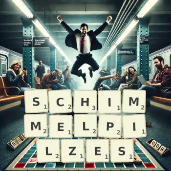 Kreative Illustration für ein Scrabble-Spiel, bei dem das Wort SCHIMMELPILZES mit Steinen auf dem Brett gelegt wurde.