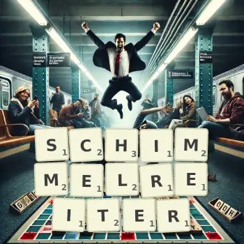 Kreative Illustration für ein Scrabble-Spiel, bei dem das Wort SCHIMMELREITER mit Steinen auf dem Brett gelegt wurde.