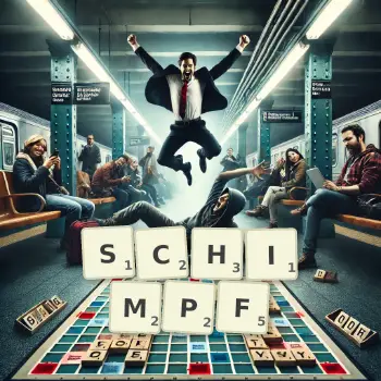 Kreative Illustration für ein Scrabble-Spiel, bei dem das Wort SCHIMPF mit Steinen auf dem Brett gelegt wurde.