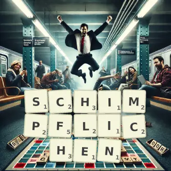 Kreative Illustration für ein Scrabble-Spiel, bei dem das Wort SCHIMPFLICHEN mit Steinen auf dem Brett gelegt wurde.