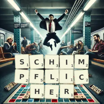 Kreative Illustration für ein Scrabble-Spiel, bei dem das Wort SCHIMPFLICHER mit Steinen auf dem Brett gelegt wurde.