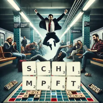 Kreative Illustration für ein Scrabble-Spiel, bei dem das Wort SCHIMPFT mit Steinen auf dem Brett gelegt wurde.