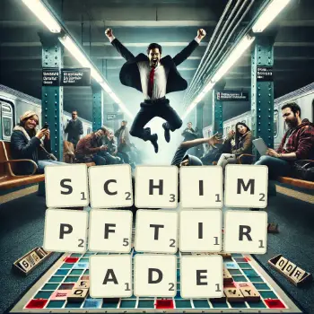 Kreative Illustration für ein Scrabble-Spiel, bei dem das Wort SCHIMPFTIRADE mit Steinen auf dem Brett gelegt wurde.