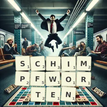 Kreative Illustration für ein Scrabble-Spiel, bei dem das Wort SCHIMPFWORTEN mit Steinen auf dem Brett gelegt wurde.