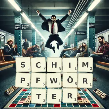Kreative Illustration für ein Scrabble-Spiel, bei dem das Wort SCHIMPFWÖRTER mit Steinen auf dem Brett gelegt wurde.