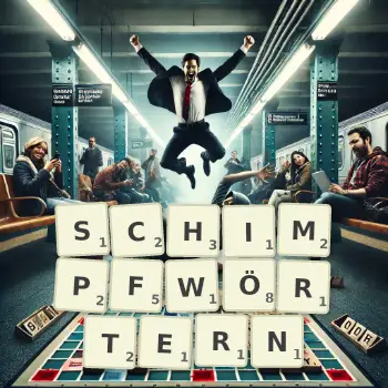 Kreative Illustration für ein Scrabble-Spiel, bei dem das Wort SCHIMPFWÖRTERN mit Steinen auf dem Brett gelegt wurde.