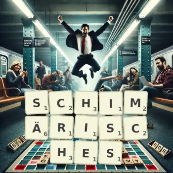Kreative Illustration für ein Scrabble-Spiel, bei dem das Wort SCHIMÄRISCHES mit Steinen auf dem Brett gelegt wurde.