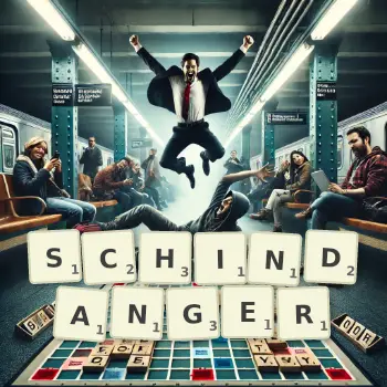 Kreative Illustration für ein Scrabble-Spiel, bei dem das Wort SCHINDANGER mit Steinen auf dem Brett gelegt wurde.