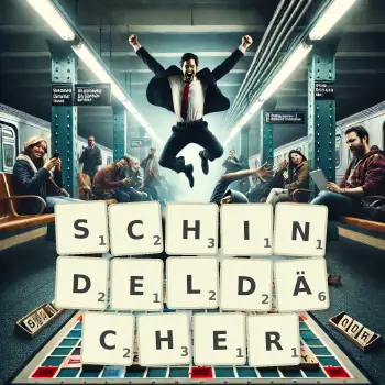 Kreative Illustration für ein Scrabble-Spiel, bei dem das Wort SCHINDELDÄCHER mit Steinen auf dem Brett gelegt wurde.