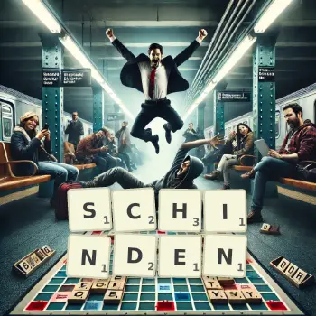 Kreative Illustration für ein Scrabble-Spiel, bei dem das Wort SCHINDEN mit Steinen auf dem Brett gelegt wurde.