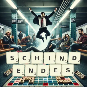 Kreative Illustration für ein Scrabble-Spiel, bei dem das Wort SCHINDENDES mit Steinen auf dem Brett gelegt wurde.