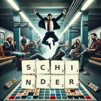 Kreative Illustration für ein Scrabble-Spiel, bei dem das Wort SCHINDER mit Steinen auf dem Brett gelegt wurde.