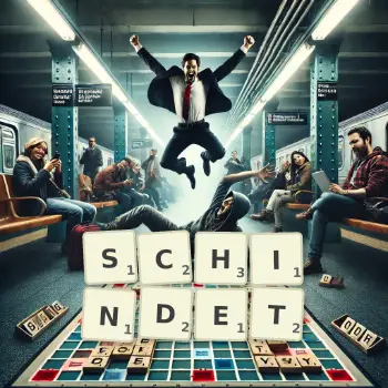 Kreative Illustration für ein Scrabble-Spiel, bei dem das Wort SCHINDET mit Steinen auf dem Brett gelegt wurde.