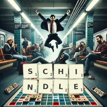 Kreative Illustration für ein Scrabble-Spiel, bei dem das Wort SCHINDLE mit Steinen auf dem Brett gelegt wurde.