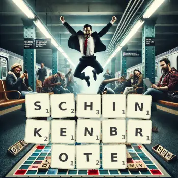 Kreative Illustration für ein Scrabble-Spiel, bei dem das Wort SCHINKENBROTE mit Steinen auf dem Brett gelegt wurde.