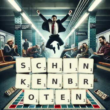 Kreative Illustration für ein Scrabble-Spiel, bei dem das Wort SCHINKENBROTEN mit Steinen auf dem Brett gelegt wurde.