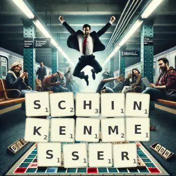 Kreative Illustration für ein Scrabble-Spiel, bei dem das Wort SCHINKENMESSER mit Steinen auf dem Brett gelegt wurde.