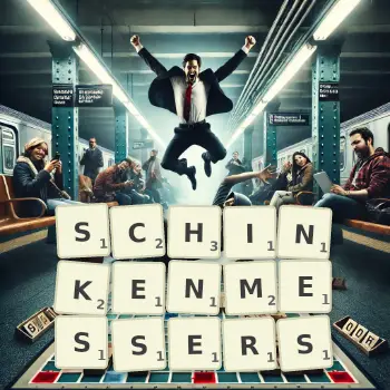 Kreative Illustration für ein Scrabble-Spiel, bei dem das Wort SCHINKENMESSERS mit Steinen auf dem Brett gelegt wurde.