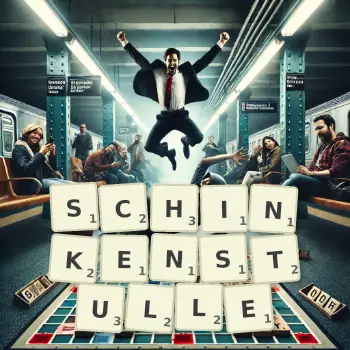 Kreative Illustration für ein Scrabble-Spiel, bei dem das Wort SCHINKENSTULLE mit Steinen auf dem Brett gelegt wurde.