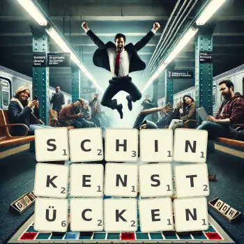 Kreative Illustration für ein Scrabble-Spiel, bei dem das Wort SCHINKENSTÜCKEN mit Steinen auf dem Brett gelegt wurde.