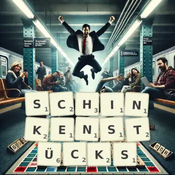 Kreative Illustration für ein Scrabble-Spiel, bei dem das Wort SCHINKENSTÜCKS mit Steinen auf dem Brett gelegt wurde.