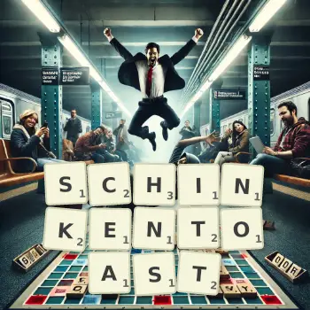 Kreative Illustration für ein Scrabble-Spiel, bei dem das Wort SCHINKENTOAST mit Steinen auf dem Brett gelegt wurde.