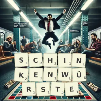 Kreative Illustration für ein Scrabble-Spiel, bei dem das Wort SCHINKENWÜRSTE mit Steinen auf dem Brett gelegt wurde.