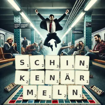 Kreative Illustration für ein Scrabble-Spiel, bei dem das Wort SCHINKENÄRMELN mit Steinen auf dem Brett gelegt wurde.