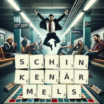 Kreative Illustration für ein Scrabble-Spiel, bei dem das Wort SCHINKENÄRMELS mit Steinen auf dem Brett gelegt wurde.