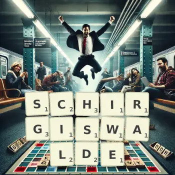 Kreative Illustration für ein Scrabble-Spiel, bei dem das Wort SCHIRGISWALDE mit Steinen auf dem Brett gelegt wurde.