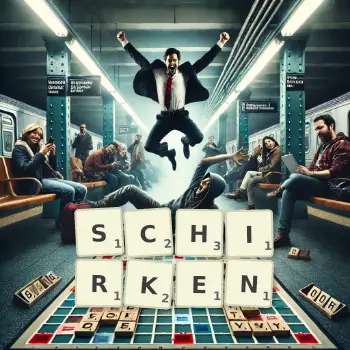 Kreative Illustration für ein Scrabble-Spiel, bei dem das Wort SCHIRKEN mit Steinen auf dem Brett gelegt wurde.