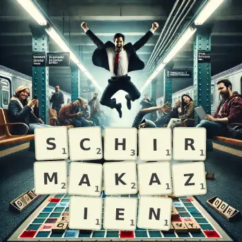 Kreative Illustration für ein Scrabble-Spiel, bei dem das Wort SCHIRMAKAZIEN mit Steinen auf dem Brett gelegt wurde.
