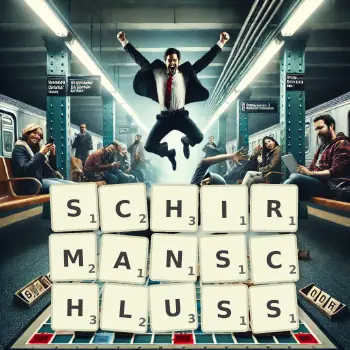 Kreative Illustration für ein Scrabble-Spiel, bei dem das Wort SCHIRMANSCHLUSS mit Steinen auf dem Brett gelegt wurde.