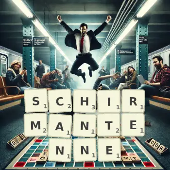 Kreative Illustration für ein Scrabble-Spiel, bei dem das Wort SCHIRMANTENNE mit Steinen auf dem Brett gelegt wurde.