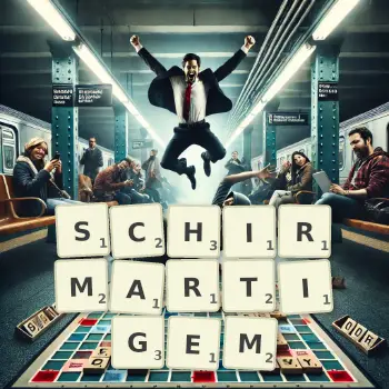 Kreative Illustration für ein Scrabble-Spiel, bei dem das Wort SCHIRMARTIGEM mit Steinen auf dem Brett gelegt wurde.