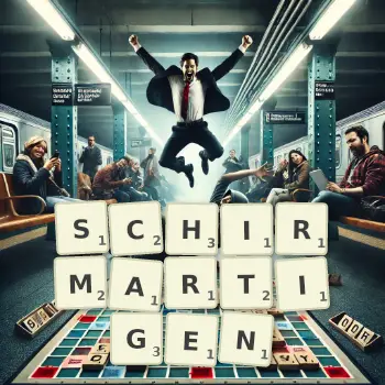 Kreative Illustration für ein Scrabble-Spiel, bei dem das Wort SCHIRMARTIGEN mit Steinen auf dem Brett gelegt wurde.