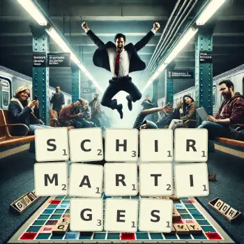 Kreative Illustration für ein Scrabble-Spiel, bei dem das Wort SCHIRMARTIGES mit Steinen auf dem Brett gelegt wurde.