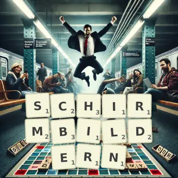 Kreative Illustration für ein Scrabble-Spiel, bei dem das Wort SCHIRMBILDERN mit Steinen auf dem Brett gelegt wurde.