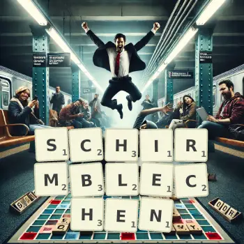 Kreative Illustration für ein Scrabble-Spiel, bei dem das Wort SCHIRMBLECHEN mit Steinen auf dem Brett gelegt wurde.
