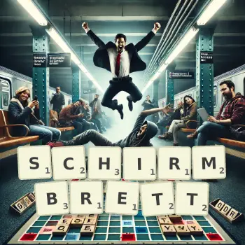 Kreative Illustration für ein Scrabble-Spiel, bei dem das Wort SCHIRMBRETT mit Steinen auf dem Brett gelegt wurde.